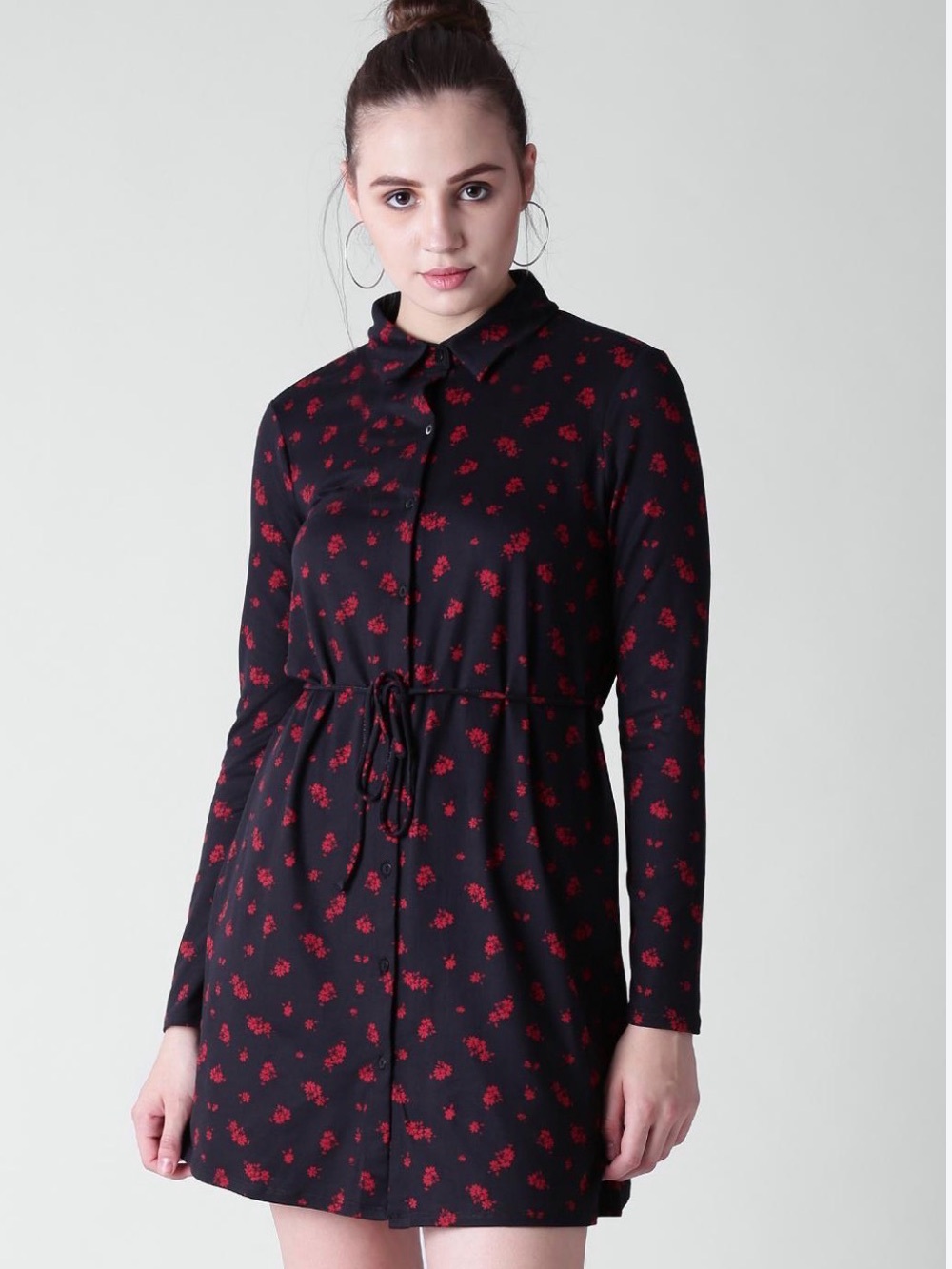 Forever 21 Black Button-Front Tunic Top with Red Floral Print